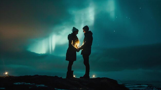 A couple holding hands under a vivid aurora display with snow-capped peaks in the distance in Norway Polar Night